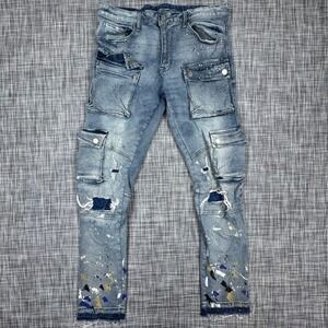 First Row Jeans Mens 34x32 Blue Skinny Cargo Paint Splatter Distressed Stretch